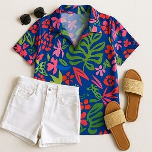 Katherine Way Tropical Print Scuba Top 2X Golf Resortwear Travel Shirt Blue Pink